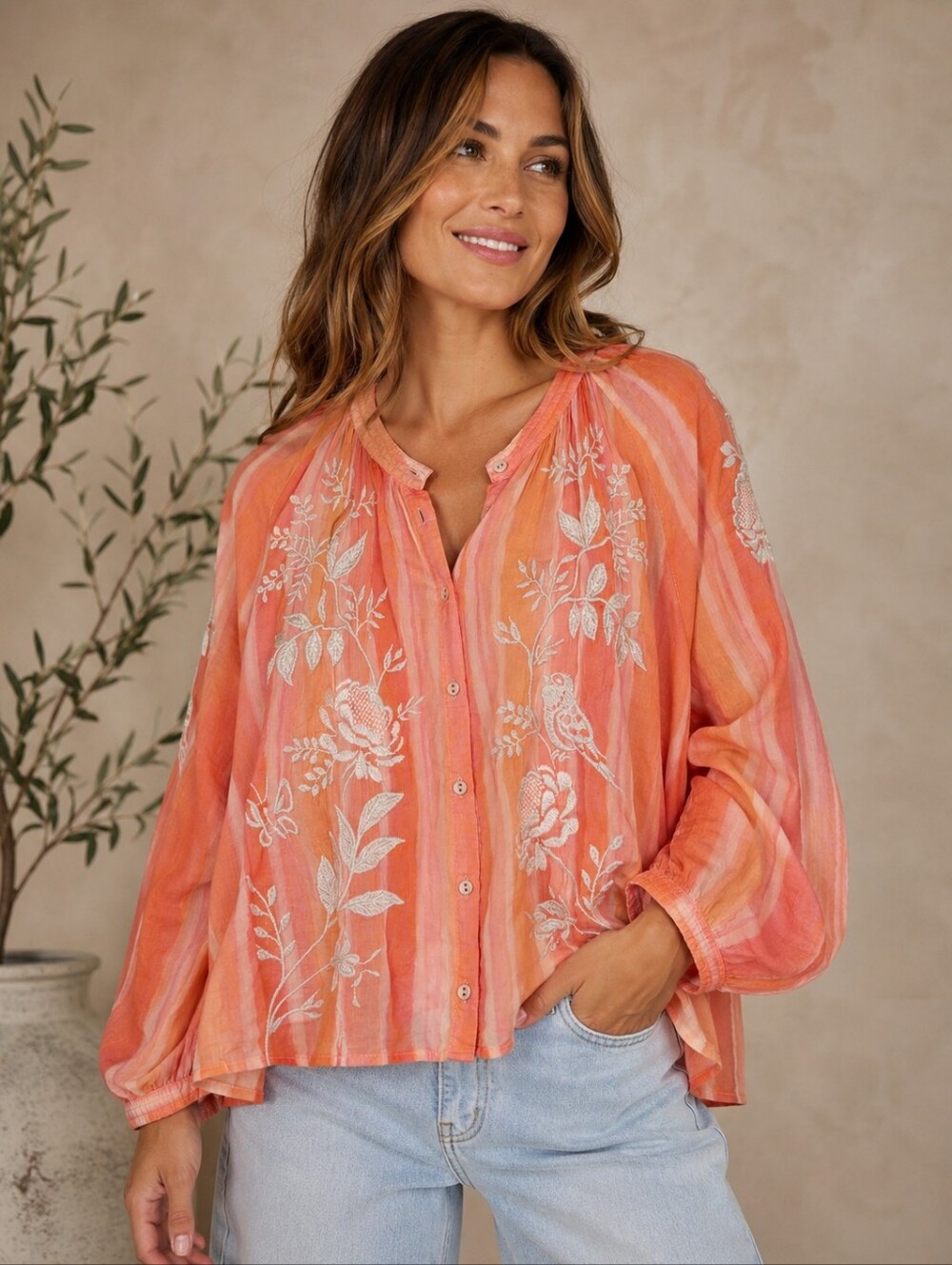 Johnny Was Harlow Raglan Poet Shirt XL Embroidered Silk Blend Boho Blouse Coral